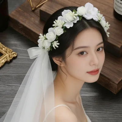 Midsummer White Rose Flower Crown Headband Boho Bridal Hair Wreath for Wedding, Festival,Bridesmaid, Graduation, Beach Vacation