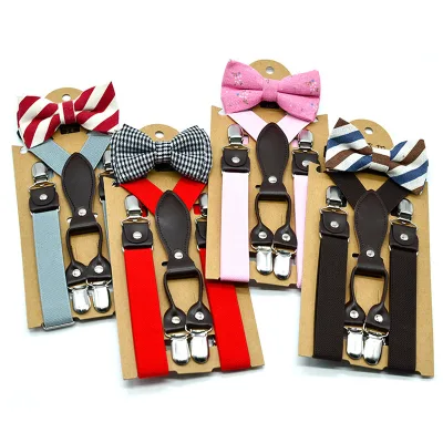 Yellow Boys Girls Suspenders Bow Ties Set Bowknot Fashion Solid Color Clip on Braces Elastic Strap Suspenders for Kids 1-8years