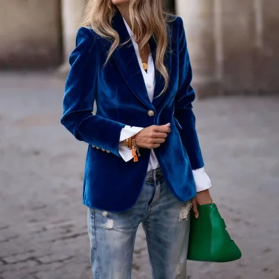 Spring Women's Elegant Slim Fit Solid Wool/Silk Double Breasted Blazer Suit