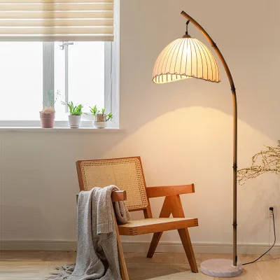 Wabi Sabi Farmhouse Hotel Corner Decorative Arc Weaving Fabric Lampshade Marble Base Simulated Bamboo-like Design Living Room