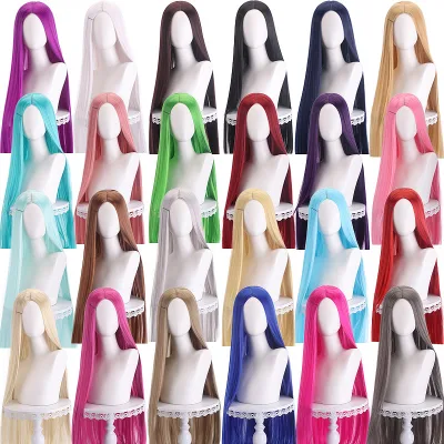 Long Straight Anime 100cm Cosplay Wig Centre Parting Central Split Blond Pink Rose Red Purple Heat Resistant Synthetic Hair Wigs
