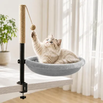 360° Rotating Cat Desk Bed with Scratching Post Reversible Machine Washable Cover Cat Hammock Floating Cat Shelf for Indoor Cat