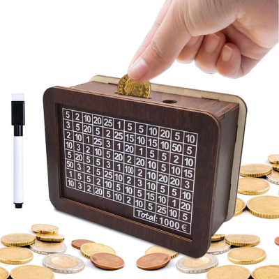 Hot Retro Creative Eco-Friendly Reusable Metal Money Box Retro Wooden Piggy Bank for Counter Safe Savings Cross-Border