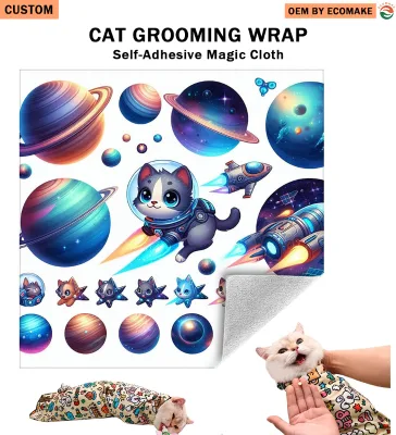 EM Custom Printing Self-Adherent Anti-Scratch Cat Grooming Wrap Anti-Escape Burrito Swaddle for Nail Clipping Pet Blanket &Throw