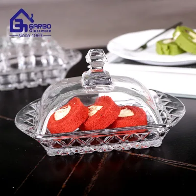 Factory Engraving Glass Butter Dish 4 Designs Mixing in 40HQ High Quality Butter Cake Serving Plate with Cover Glass Butter Dish
