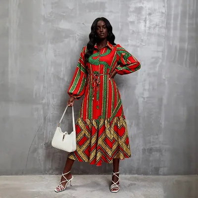OEM Custom Various African Fancy Printed Pattern Dress Midi Women Ladies Casual African Dresses