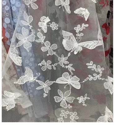 White Butterfly Tulle Lace Embroidered Dress Mesh Embroidery Fabric for Children Clothing