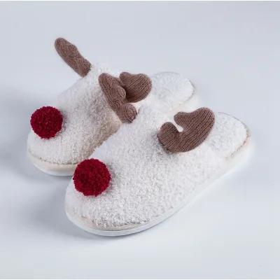 Ladies Cute Animal Plush Reindeer Slip on Winter Warm Bedroom Shoes Non Slip House Christmas Slippers