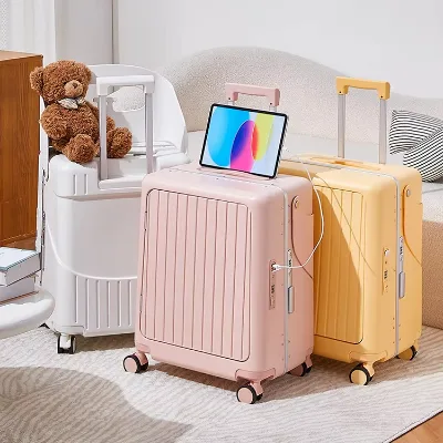 Wholesale Factory Luxury Hardside PC Trolley Suitcases with Comfortable Seat Carrier Aluminum Frame Opening Cute Baby Suitcases
