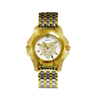 HIBONA Luxury Crystal Women Dress Watch Fashion Rose Ladies Wrist Men Watches