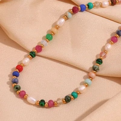 Boho Style Short Necklace Women Handmade Gold-Plated Stainless Steel Beaded Chains Colorful Natural Stone Pearl Titanium Main