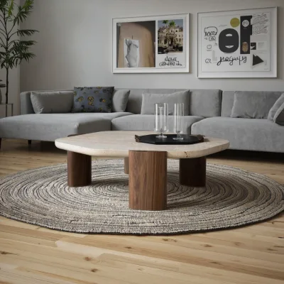 Nordic Wabi-Sabi Solid Wood Coffee Table with Natural Stone & Marble Customized Color Durable Handmade Living Room Furniture