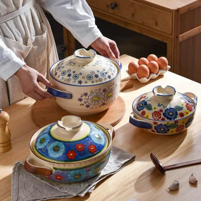 Hand-Painted Floral Ceramic Casserole Pot With Lid Double Handles Soup Stew Pot for Home Kitchen Use