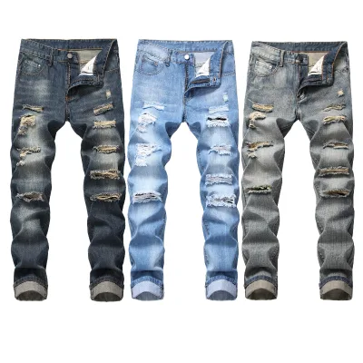 Wholesale Ragged Blue Biker Jeans Trousers Plus Size Ripped Destroy Jeans Wash Men Jeans Denim
