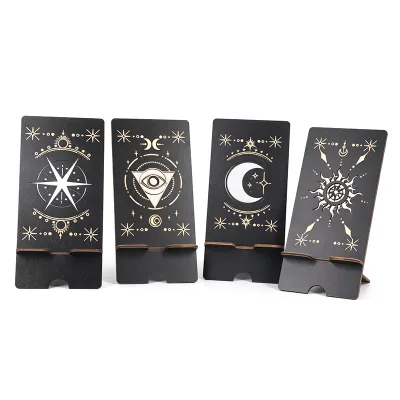 Tailai Eco-Friendly Rectangle Mystic Sun Moon Star Engraved Wooden Stand Dual-Purpose Tarot Card Holder & Desktop Phone Stand