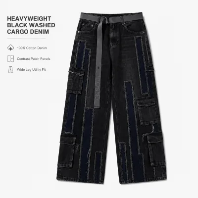 Custom Denim Manufacturer 16oz Heavyweight Streetwear Men's Jeans Vintage Black Solid Wide-Leg Patchwork Baggy Pants & Trousers