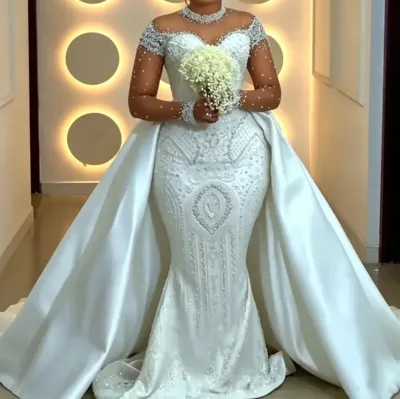 2026 Luxury Illusion High Neck Beaded Mermaid Wedding Dress With Detachable Satin Overskirt Custom Plus Size African Bridal Gown