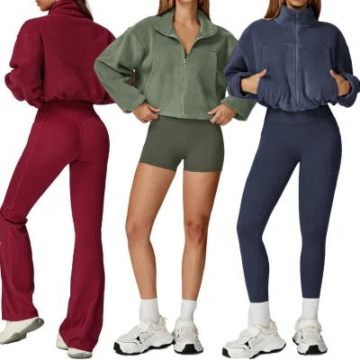HM Wholesale Solid Winter Warm Thick Jackets & Pants Sets for Women & Girls Drawstring Pockets Front Logo High Waist Quick Dry