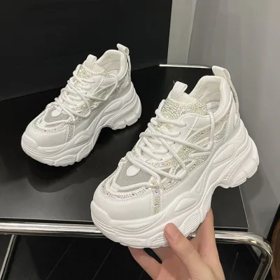 Chunky Sneakers Platform Shoes PU Lining Rhinestone Lace up Casual Streetwear Shoes for Women Sizes 33 to 39 Black White Pink