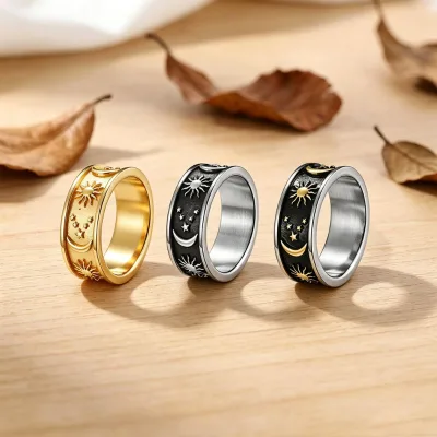 Sun Moon Star Boho Ring Stainless Steel 18K PVD Gold Plated Trendy Celestial Band for Men Women Wholesale