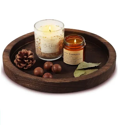 Natural Wooden Serving Tray Candle Holder Decorative Tray Round Wood Tray for Party Christmas Decor Coffee Table Restaurant
