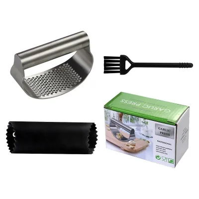 Stainless Steel Garlic Press with Comfortable Grip  Rocker Garlic Press with Brush Set 3 in 1 Gralic Press and Peeler Set