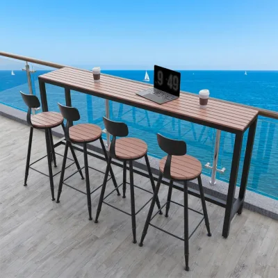 Modern Outdoor Waterproof Sunscreen Anti-corrosion Iron Trestle Base Composite Wood Bar Table Chair Combination 4-Person Small