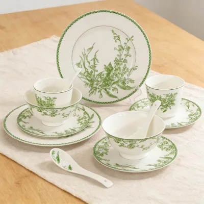 Emerald Green Lily Valley Bone China Durable Oven Dishwasher Safe Dinnerware Set European Luxury Tableware for Hotel Wedding