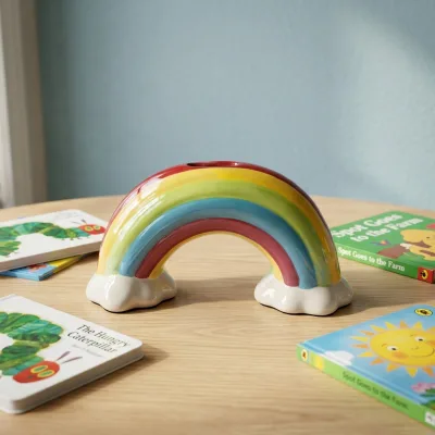 Colorful Rainbow Ceramic Coin Bank Whimsical Cloud Base Savings Money Box Kids Room Decor Gift Collection