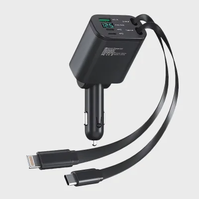 Car Charger Electric Battery Fast Retractable Phone USB Mobile Portable Charging Type C 5 in 1 Car Charger