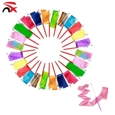 Hannuo Popular Cheap Party Decoration 4M Rainbow Gymnastics Silk Dance Ribbons Sparkling Wands for Kids Artistic