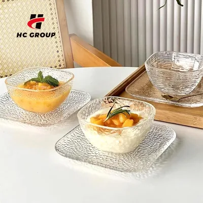 Modern Clear Square Ice Tree Hammer Pattern Glass Plate Fruit Salad Bowl Ice Cream Dessert Bowl Set Plate Set