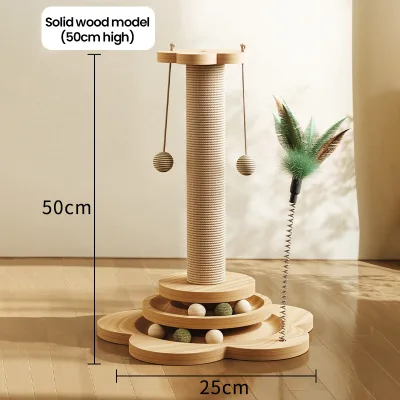 Sturdy Eco-Friendly Sisal & Wood Cat Tree with Round Turntable Base and Dual Side Hanging Balls