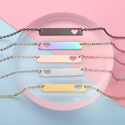 Fashion Gold Plated Stainless Steel  Rectangular Hollow Heart Long Bar Pendant Necklace Women Men Engraveable Letters Jewelry