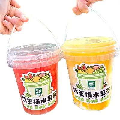 500ml/1000ml/2000ml Milk Tea Shop Takeout Juice Container Plastic Drink Bucket With Handle Custom Reusable Boba Cups and Lids