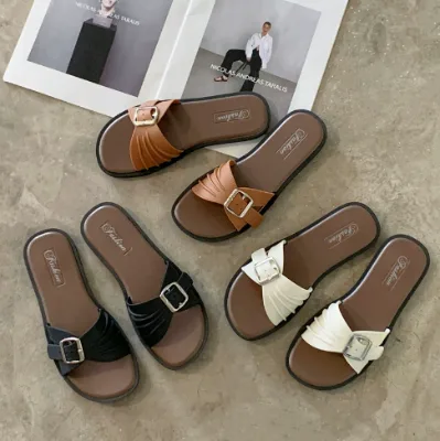 Women Ruched Strap Metal Buckle PVC Slide Sandals Open Toe Flat Roman Slippers