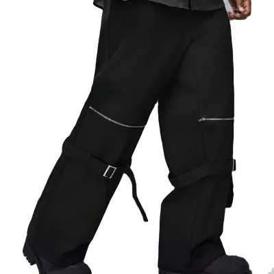 Men's Customizable Black Canvas Cargo Pants - Zipper & Buckle Detail, Loose Fit, Durable & Stylish for Streetwear Fashion