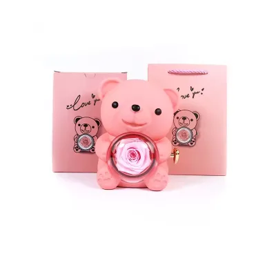 2025 New Style Bear Shape Necklace Ring Sets Preserved Rose Rotating Jewelry Box for Valentine Day Creative Gifts