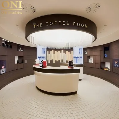 ONI Shopfitting Shopping Mall Coffee Shop Showroom Custom Wall Cabinet Counter Cash Desk Exquisite Wooden Square Container
