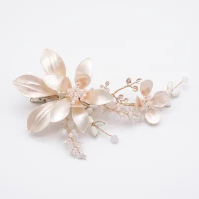 AP-3427A Romantic Beads Weaving Handcrafted Resin Pearlescent Champagne Leaves Floral Side Piece Wedding Bridal Hair Accessories