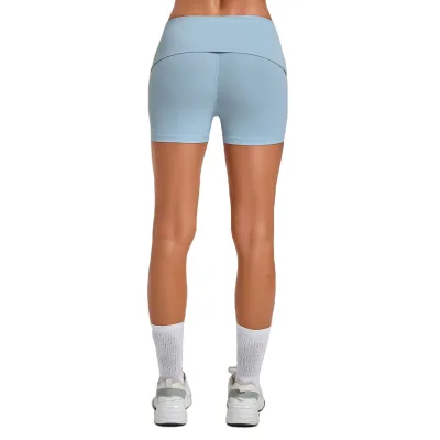 8402 Women Fold Over Waist Yoga Biker Shorts Soft Stretchy High Waist Sports Shorts Tummy Gym Dance Fitness Workout Shorts
