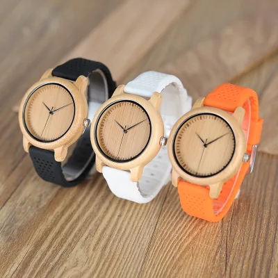 For Fashion Sport Bamboo Wood Watch 44mm 20mm Pointer Dial Colorful Silicone Strap Quartz Movement