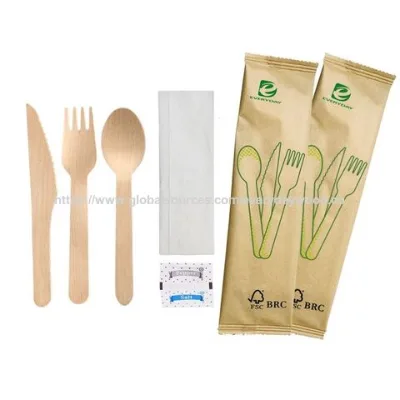 Natural Wooden Spoons Individual Package Disposable Cutlery Set with Tissue customized box
