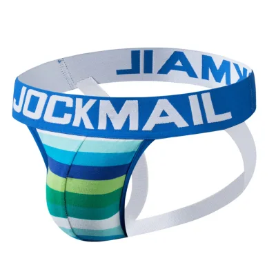New Male Underwear Jockstrap for Gay Custom Men Thongs Rainbow Striped Double Thong Low Rise Waist Knitted Fabric Nylon/Cotton
