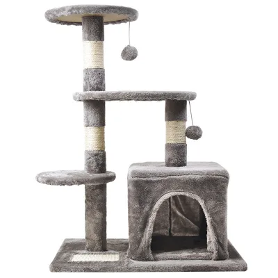 Classic Grey Medium Size 4 Layers Cat Tree Cat Condos With Cat House Hanging Ball Platform