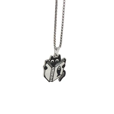 Stainless Steel Book Cat Necklace Study Hard Little Black Cat Cute Pendant