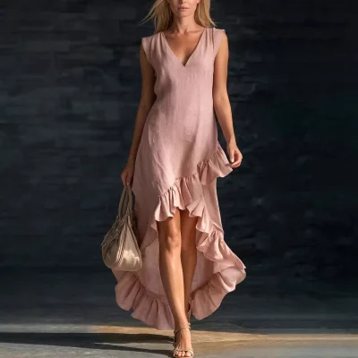Romantic Sleeveless V Neck Dress Hemline Fashionable Commute Style a Line Summer Dress Women