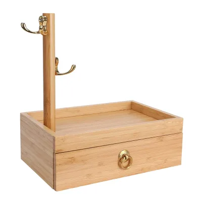 Bamboo Desk Storage and Organizer for Keys, Wallets, Mobile Phones, Remote Controls, Chargers, Glasses with Drawer