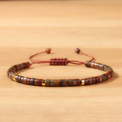 Round-shaped woven Bohemian beaded bracelet, natural stone bracelet, adjustable rope, men's and women's tiger eye bead bracelet