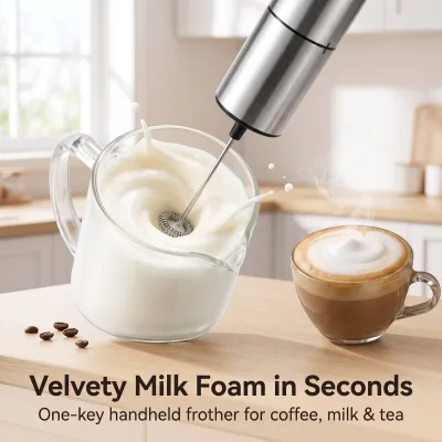Handheld Electric Milk Frother Battery Operated Stainless Steel Milk Foam Maker Coffee Whisk for Latte Cappuccino Milk Tea